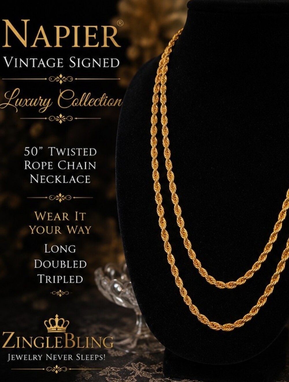 Vintage Napier Signed 50” Gold Tone Rope Chain Long Layering Necklace